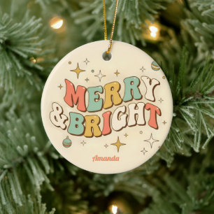 Retro Groovy Merry & Bright Christmas Ceramic Tree Decoration