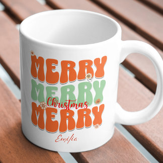 Retro Groovy Merry Christmas Custom Name Boho Mug