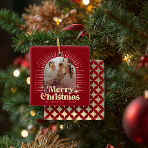 Retro Groovy Merry Christmas Family Photo Ceramic Ornament