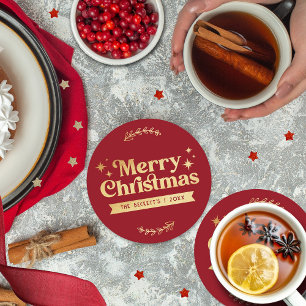 Retro Groovy Merry Christmas Holiday Round Paper Coaster