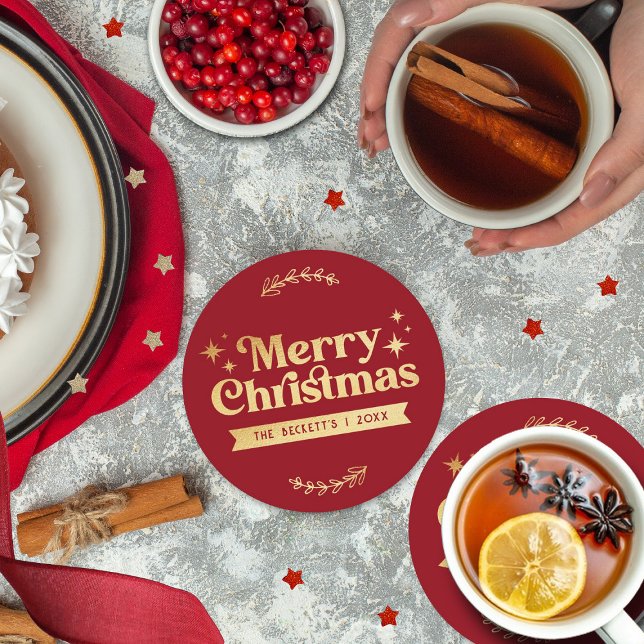 Retro Groovy Merry Christmas Holiday Round Paper Coaster (Creator Uploaded)