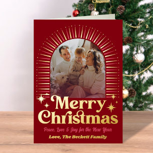 Retro Groovy Merry Christmas Photo Real Foil Foil Holiday Card