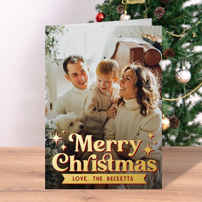 Retro Groovy Merry Christmas Photo Real Foil Foil Holiday Card (Creator Uploaded)