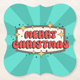 Retro groovy merry christmas text paper coaster