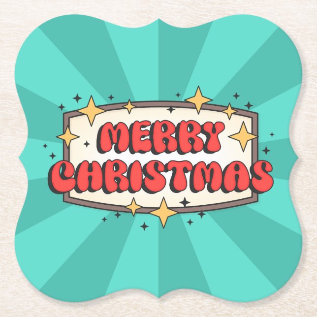 Retro groovy merry christmas text  paper coaster (Front)