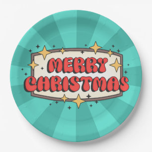 Retro groovy merry christmas text  paper plate