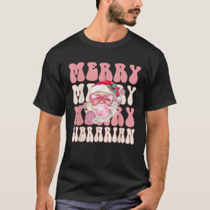 Retro Groovy Merry Librarian Christmas Pink Santa  T-Shirt