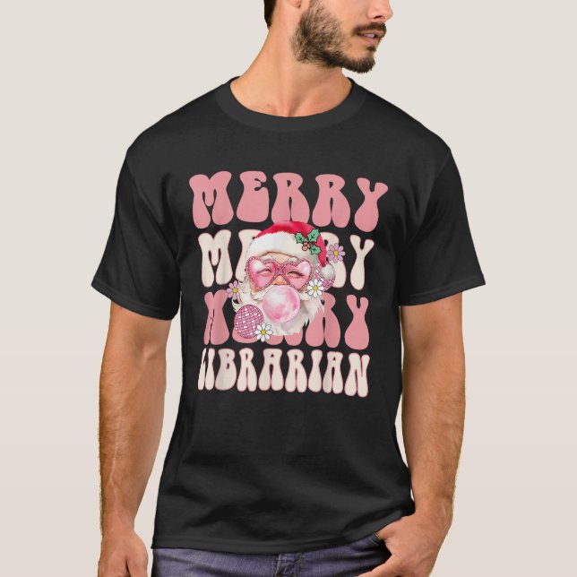 Retro Groovy Merry Librarian Christmas Pink Santa  T-Shirt (Front)