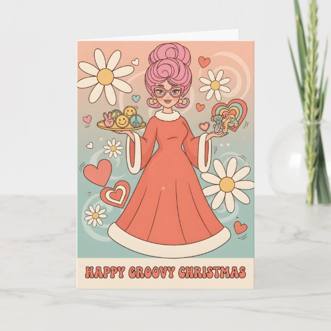 Retro Groovy Mrs. Claus Merry Christmas Holiday Card (Front)