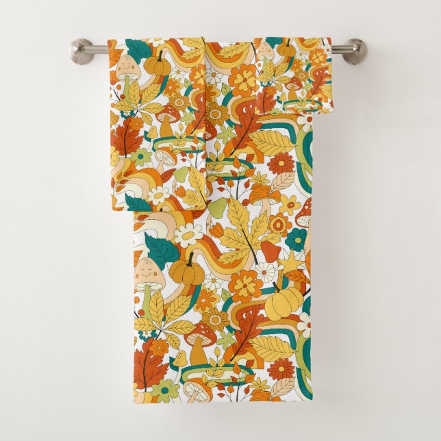 Retro Groovy Mushroom Flower Pattern Bath Towel Set (Insitu)