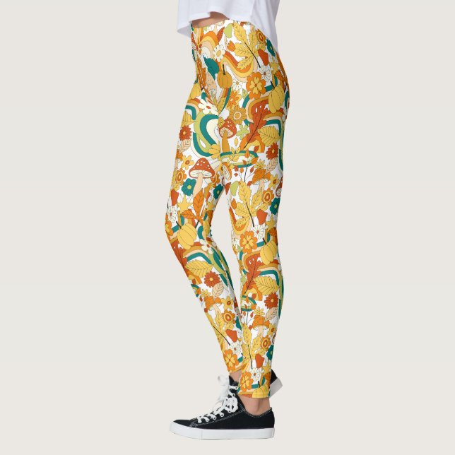 Retro Groovy Mushroom Flower Pattern Leggings (Left)