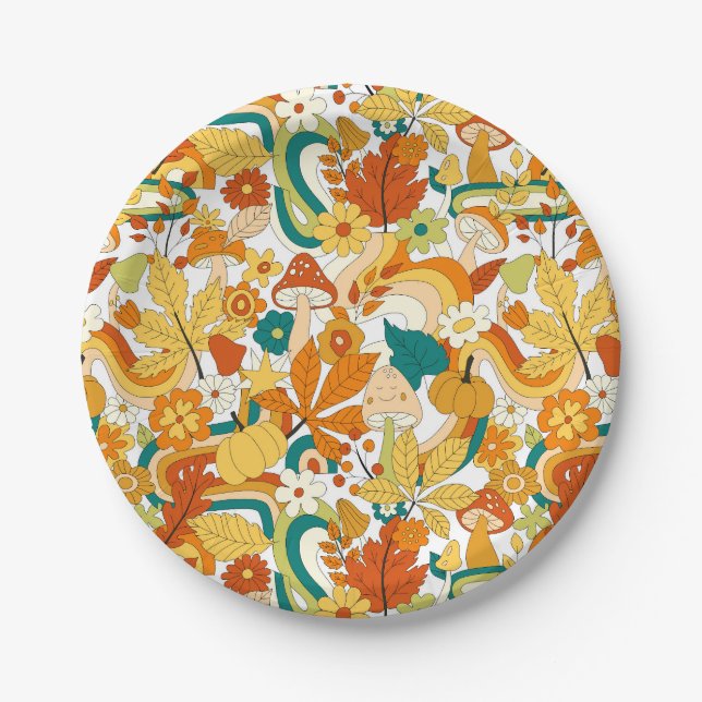 Retro Groovy Mushroom Flower Pattern Paper Plate (Front)
