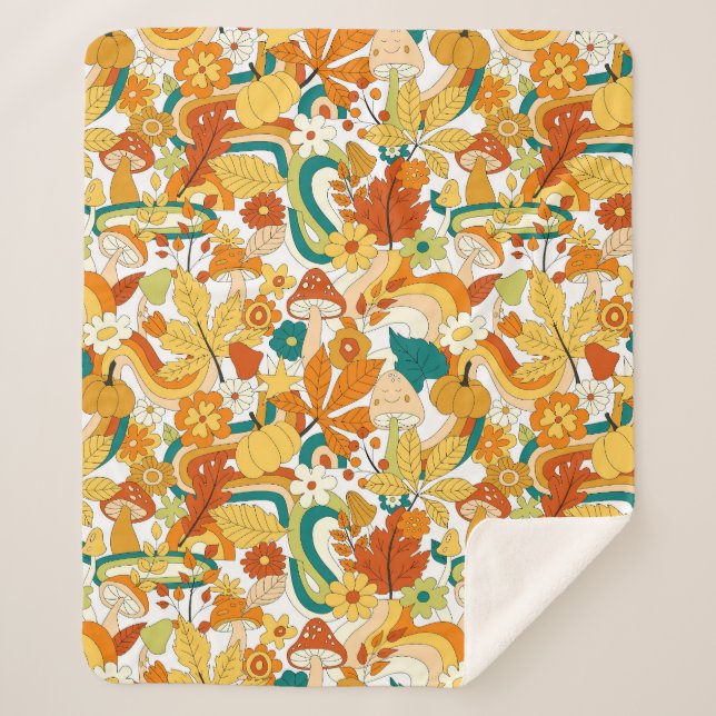 Retro Groovy Mushroom Flower Pattern Sherpa Blanket (Front)