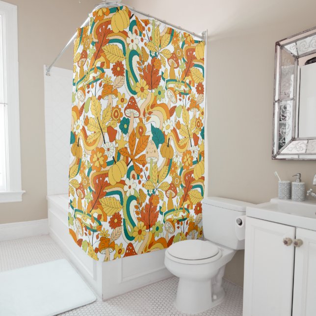 Retro Groovy Mushroom Flower Pattern Shower Curtain (In Situ)