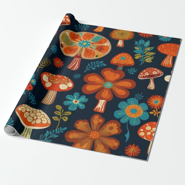 Retro Groovy Mushroom Flower Pattern Wrapping Paper (Unrolled)