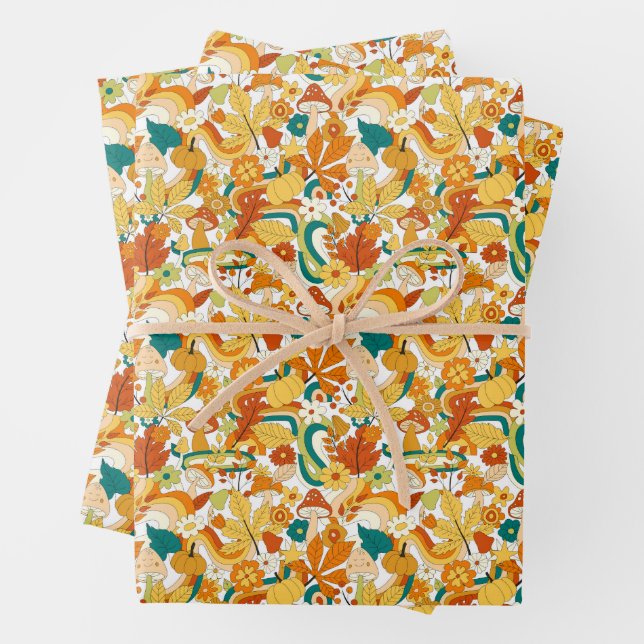 Retro Groovy Mushroom Flower Pattern Wrapping Paper Sheet (In situ)