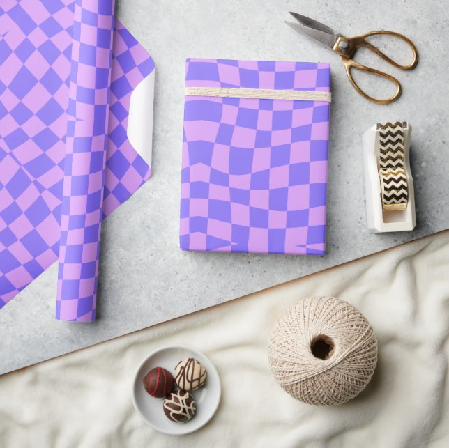 retro groovy neon purple wavy checkered  wrapping paper (Crafts)