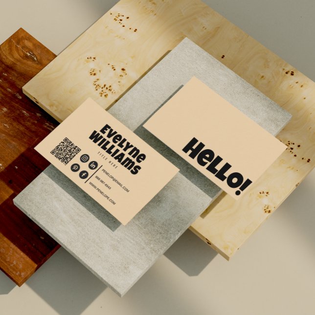 Retro Groovy Neutral Cream Gold QR Code Hello Boho Business Card (Creator Uploaded)