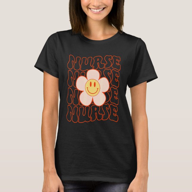 Retro Groovy Nurse Happy Face Cute Daisy Flower Sm T-Shirt (Front)