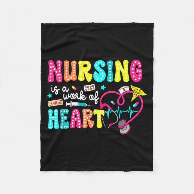 Retro Groovy Nursing Is A Work Of Heart Funny Nurs Fleece Blanket (Front)