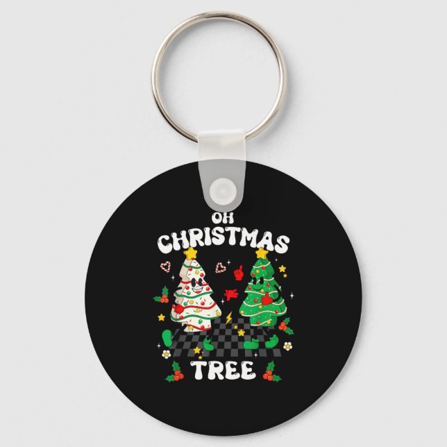 Retro Groovy Oh Christmas Tree Cake Pajamas Xmas K Key Ring (Front)