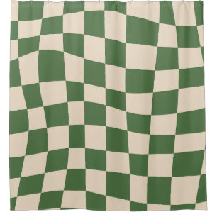 Retro Groovy olive green wavy checkered Pattern Shower Curtain