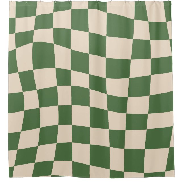 Retro Groovy olive green wavy checkered Pattern Shower Curtain (Front)