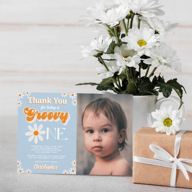 Retro Groovy One Boys 1st Birthday Photo Thank You Card (Creator Uploaded)