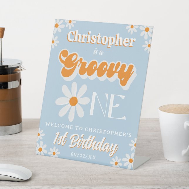 Retro Groovy One Boys 1st Birthday Welcome Pedestal Sign (In SItu)
