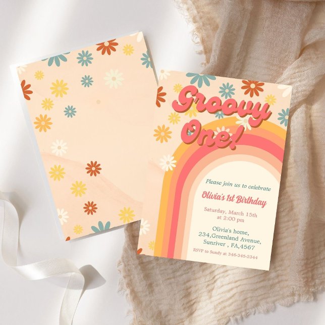 Retro groovy one daisy flower First birthday  Invitation (Creator Uploaded)