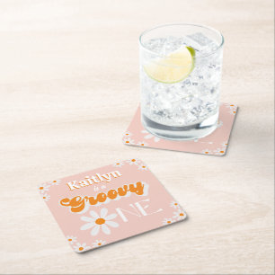 Retro Groovy One Girls 1st Birthday Square Paper Coaster