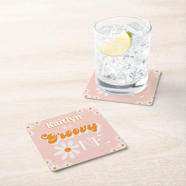 Retro Groovy One Girls 1st Birthday Square Paper Coaster (Insitu)
