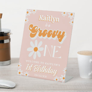 Retro Groovy One Girls 1st Birthday Welcome Pedestal Sign