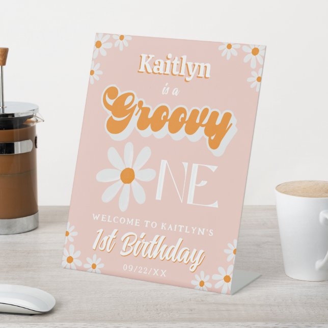 Retro Groovy One Girls 1st Birthday Welcome Pedestal Sign (In SItu)