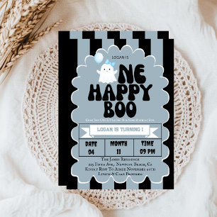 Retro Groovy One Happy Boo Boy 1st Birthday Party Invitation