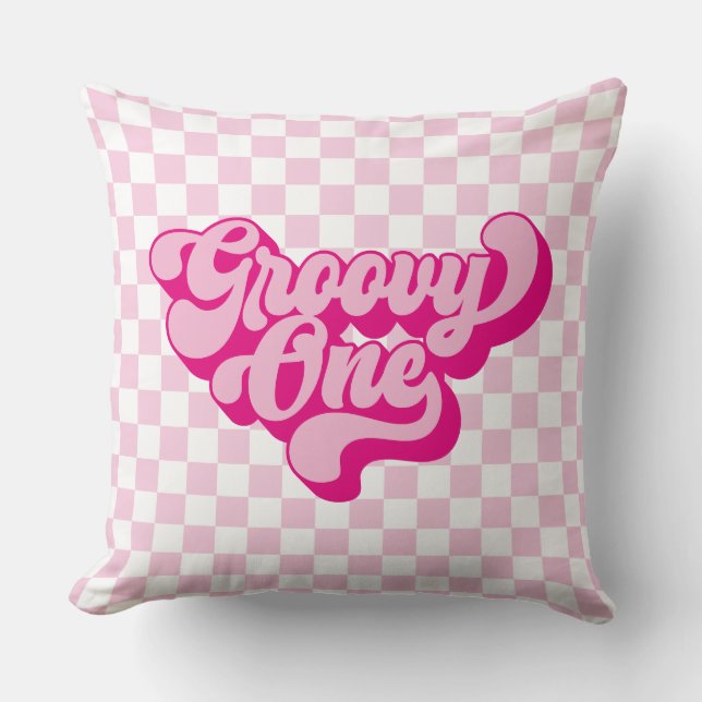 Retro Groovy One Pink and White Check Cushion (Front)