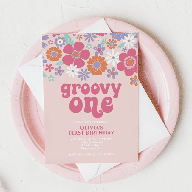Retro Groovy One Pink Floral Invitation (Creator Uploaded)