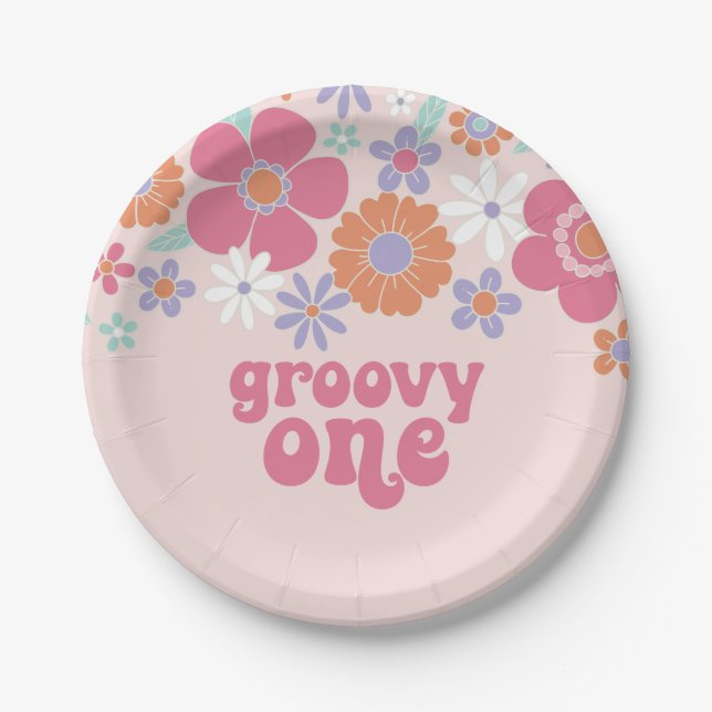 Retro Groovy One Pink Floral Paper Plate (Front)