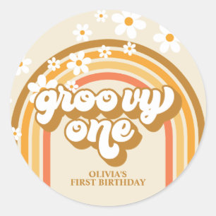 Retro Groovy One Rainbow Brown Orange Birthday Classic Round Sticker