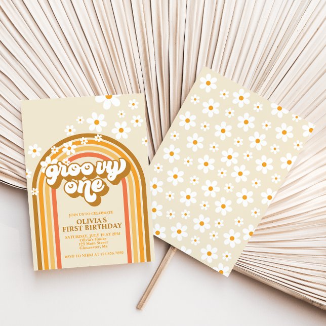 Retro Groovy One Rainbow Brown Orange Birthday Invitation (Creator Uploaded)