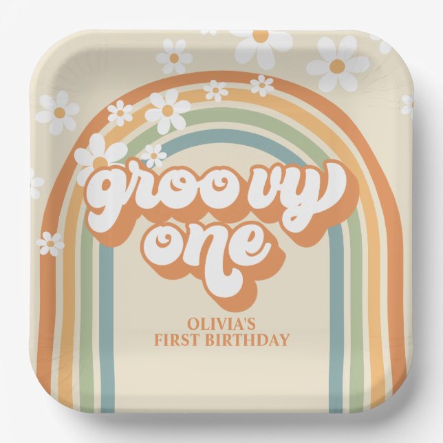 Retro Groovy One Rainbow Brown Orange Birthday Paper Plate (Front)