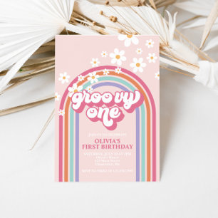 Retro Groovy One Rainbow Pink Invitation