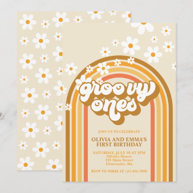 Retro Groovy Ones Rainbow Brown Twin Birthday Invitation (Front/Back)