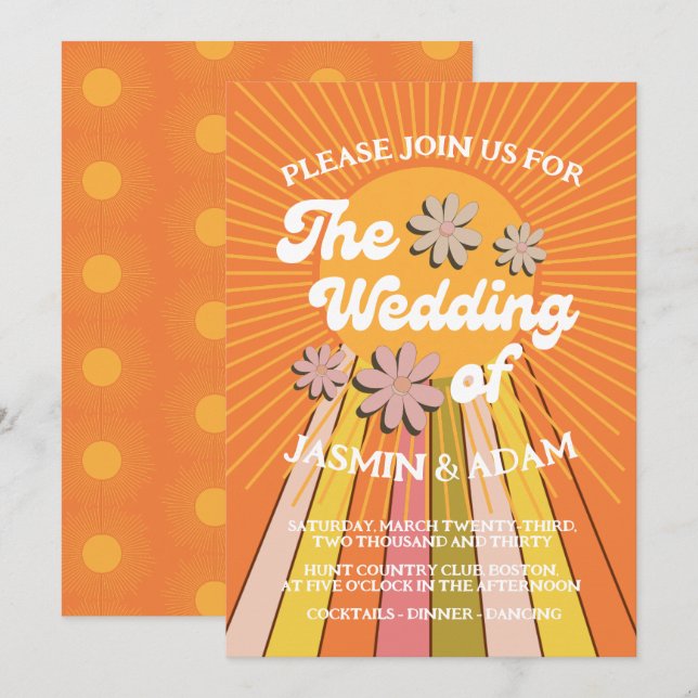 Retro Groovy Orange Daisy Wedding Invitation (Front/Back)