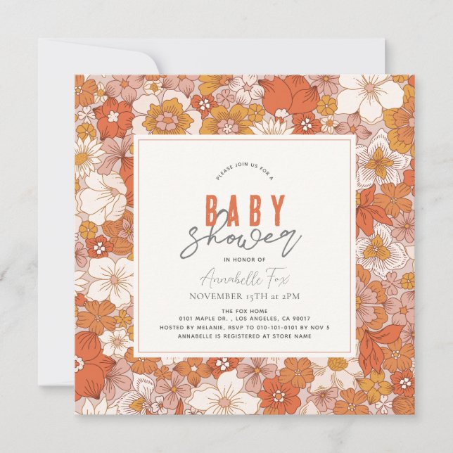 Retro Groovy Orange Floral Girl Baby Shower Invitation (Front)