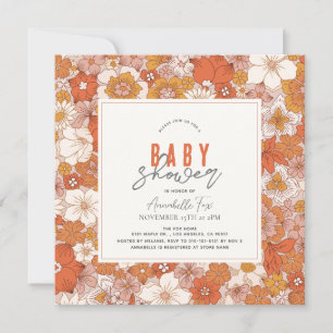 Retro Groovy Orange Floral Girl Baby Shower Invitation