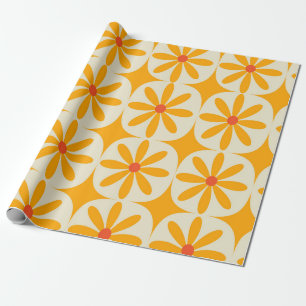 Retro Groovy Orange Flowers with Atomic starbursts Wrapping Paper