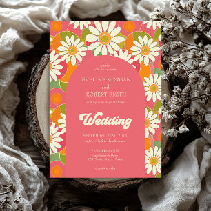 Retro groovy orange pink and white disies invitation