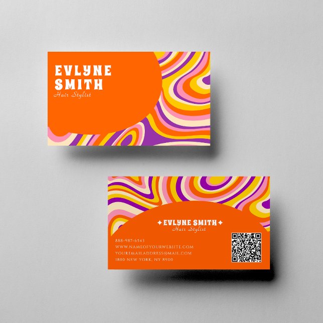Retro Groovy Orange QR Code 70s Psychedelic Unique Business Card (Creator Uploaded)