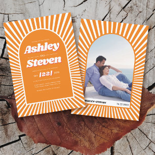 Retro groovy orange sunrays 70s inspired wedding invitation
